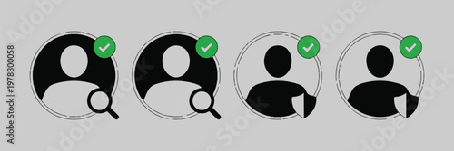 Collection of account verification icons with magnifying glass search symbols and security shield illustrations.