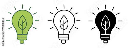 Green Eco Bulb Icon Set 3 style silhouette, line art, two tone icon