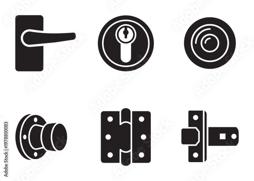 Door hardware and security lock accessories icons for home repair building vector illustration set.