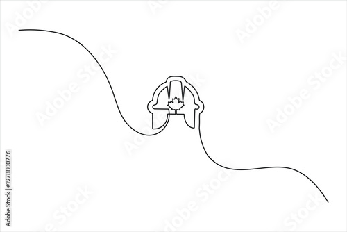 Minimalist continuous one-line drawing of a safety hard hat with a maple leaf. Vector silhouette for Canadian Labour Day and construction concepts.