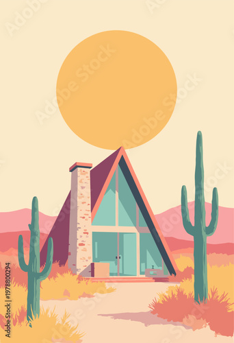 minimalist MCM stylish Aframe desert house Large glass windows, simple stone chimney massive, perfect circle mustardyellow sun glows softly Midcentury modern art aesthetic Pastel colors