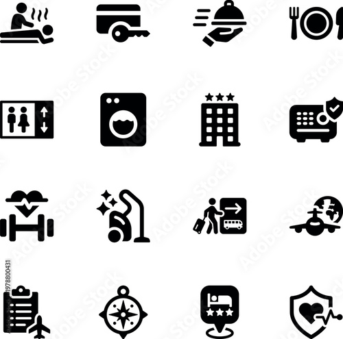 Travel and hospitality services vector icon set, hotel, room service, spa, laundry, gym, elevator, flight, compass, safe