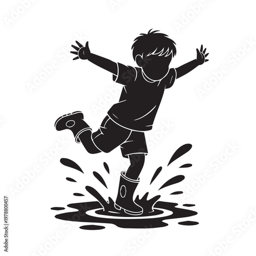 Energetic black silhouette of young boy wearing boots jumping into water puddle with splashes isolated on white background for fun.