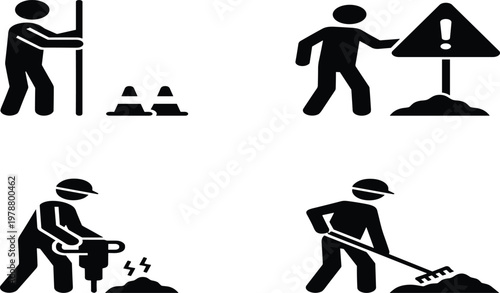 Construction workers pictograms set featuring manual labor with jackhammer rake and safety signs for road maintenance utility repair and industrial work site illustrations.