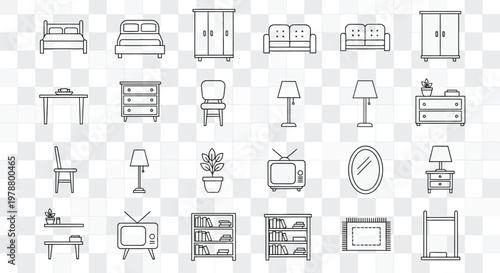 A collection of simple linear furniture icons including beds sofas wardrobes and decorative elements