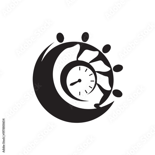 Creative black logo design featuring clock face surrounded by abstract human figures for time management and teamwork concept symbol.