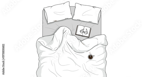 A cozy unmade bed with rumpled white linens holds an open book with reading glasses and a steaming cup of dark coffee from a high-angle overhead perspective.