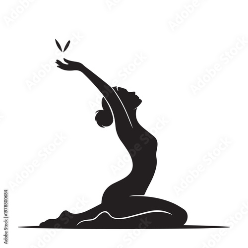 Graceful black silhouette of woman kneeling in yoga stretch pose with arms raised towards small butterflies for harmony and beauty.