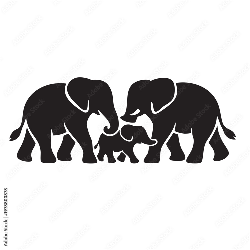 Obraz premium Black elephant group silhouette isolated on white, wild animal family.