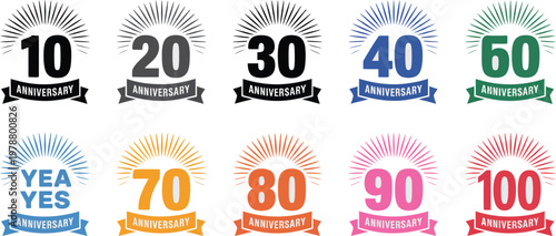 Anniversary logotype set, vector collection of birthday labels with 10 to 100 year numbers and ribbon badges for celebration milestone branding and event design.