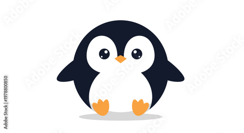 Adorable round baby penguin character with a small orange beak and feet sits comfortably on a soft shadow against a white background.