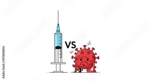 Healthcare illustration depicting a blue vaccine syringe standing against a sad and defeated red coronavirus character with the text vs.