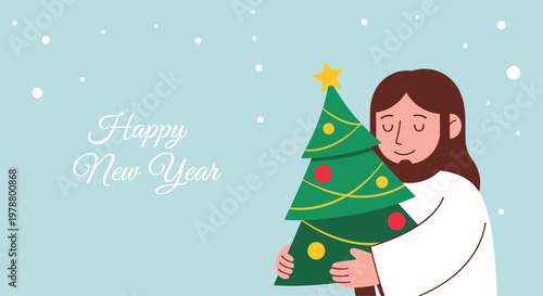 Kind jesus christ character with long hair and a beard gives a warm hug to a decorated green christmas tree on a snowy blue background.