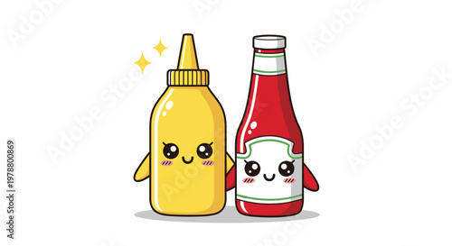 Cheerful mustard and ketchup plastic bottles depicted as cute cartoon characters with happy faces and sparkling stars on a white background.