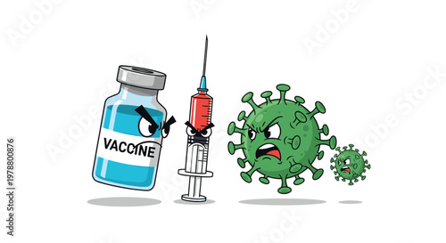 Battle between science and disease showing an angry vaccine bottle and syringe attacking a large group of angry green coronavirus germs.