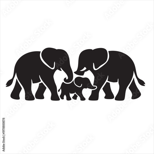 Black elephant group silhouette isolated on white, wild animal family.