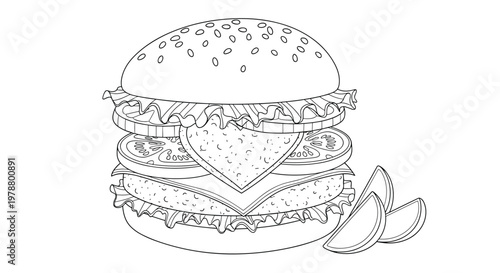 Giant delicious burger with a heart shaped cheese slice, tomatoes, lettuce, and onions served with potato wedges in a coloring page.