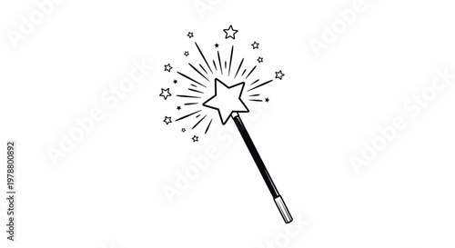 Magical wooden wand with a bright glowing star on the tip and many smaller stars and sparkles shown in a clean black and white line art.