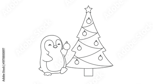 Joyful penguin character with a happy smile is decorating a tall christmas tree with round ornaments and a star on top in a coloring page.