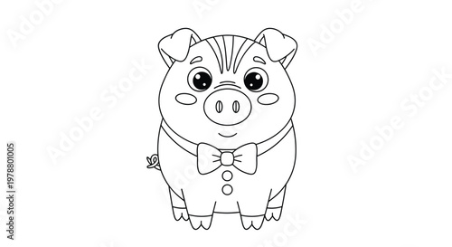 Cute little pig wearing a formal suit and a bowtie coloring page for kids school activities and animal farm theme crafts.