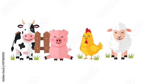 Cartoon farm animals vector set with livestock in rustic rural barnyard