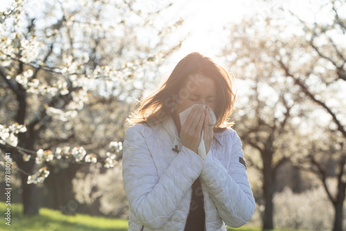 Tableau sur toile Woman sneezing into a tissue in a blooming orchard during spring