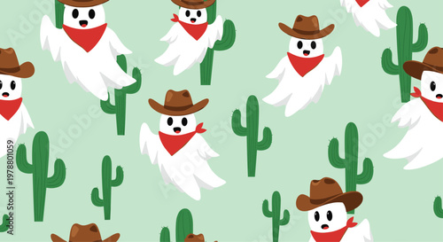 Fun seamless background pattern of cute little ghost cowboys wearing hats and red bandanas among green desert cacti.