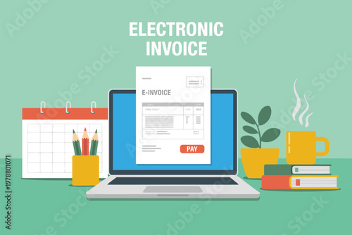 Flat of electronic invoice payment on laptop with currency and plants