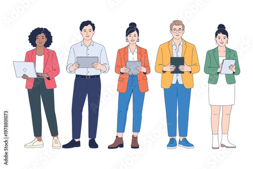 Flat of five professionals holding clipboards in different colors