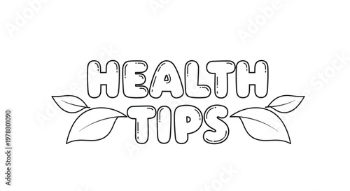 Health tips text with decorative leaves provides a clean and simple header or label for wellness and medical advice blog posts or articles.