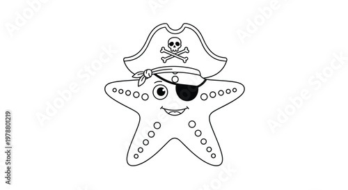 Simple black and white line art coloring page of a cute starfish character wearing a pirate hat and eyepatch decoration.
