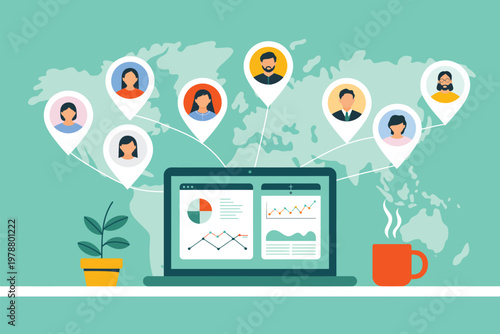 Flat of people using a laptop for online shopping with chatbots