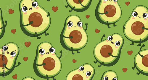 Cute avocado seamless pattern with happy characters holding their pits and floating hearts on a green background base.