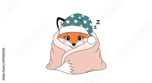Adorable red fox wrapped in a warm pink blanket and wearing a green star patterned nightcap sleeping peacefully at night.
