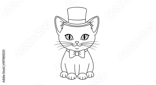 Gentleman kitten coloring page for kids featuring a cute cat wearing a top hat and a formal bowtie decoration accessory.
