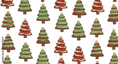 Festive seamless pattern with gingerbread christmas tree cookies decorated with green and red icing and little gold stars.