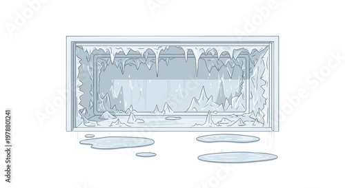 A rectangular freezer compartment is completely encrusted with sharp blue ice crystals and hanging stalactites while small puddles of melted water sit on the floor.