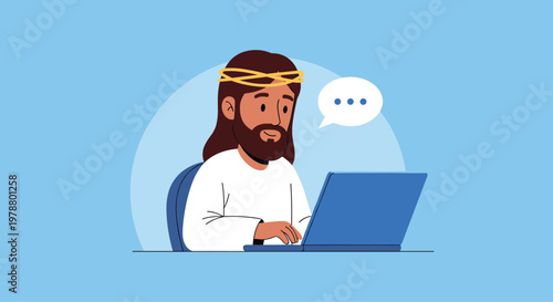 Modern cartoon illustration of Jesus Christ sitting at a desk and using a laptop computer with a blank speech bubble.