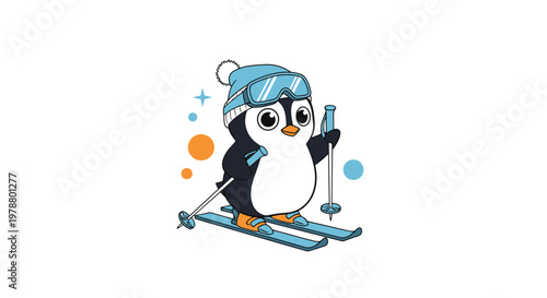 Energetic penguin character wearing blue winter hat and goggles skiing down a snowy slope with poles in winter season.