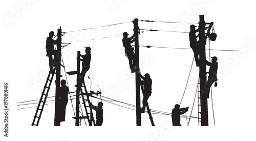 Linemen working on power poles with ladders and safety gear, silhouette vector illustration