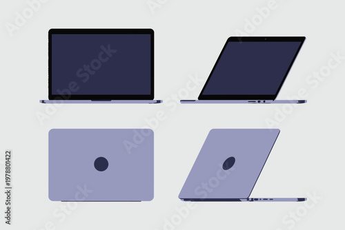 Minimalist of four Apple Mac Book laptops in blue and gray