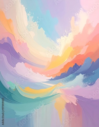 An abstract, flowing artwork featuring pastel colors blending in a painterly style, evoking a sense of tranquility and ethereal beauty