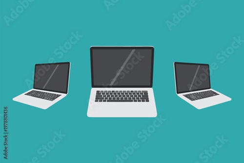 Minimalist of three identical laptops on white surface