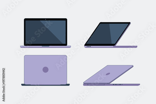 Minimalist of four Apple Mac Book laptops in purple and blue