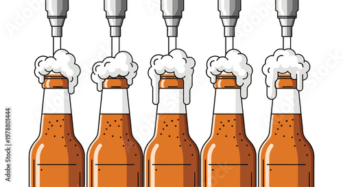 Five brown glass bottles are positioned under silver industrial nozzles that are actively pouring golden beer resulting in thick white foam overflowing the rims.