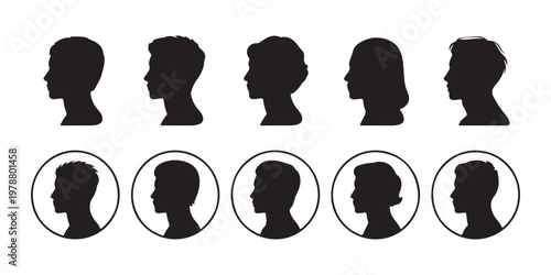 Silhouettes of diverse people heads in profile view, both facing left and enclosed in circles for emphasis.