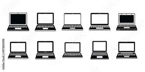 Set of ten minimalist black and white laptop with keyboard detail