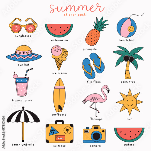 Cute Summer Vacation Sticker Pack with Beach and Tropical Travel Icons
