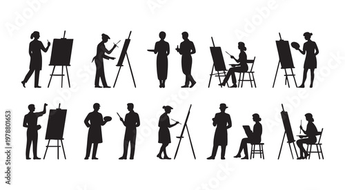 Artists painting in studios, silhouettes of painters with easels, palettes, and brushes