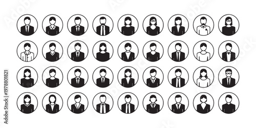 Circular profile icons of business people, diverse men and women in formal attire, professional avatars.